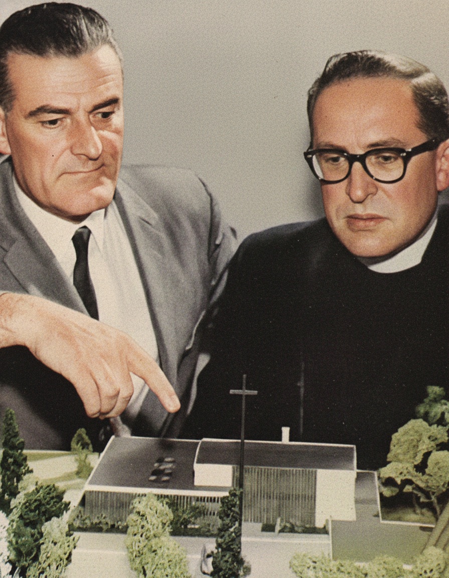 Rev. Clarence C. Eifert and architect Dr. J.M. Schmidt examine a detailed scale model of the proposed new A-frame church building in November 1963, with the original 1955 parish hall visible in the background. Photograph source: November 20, 1963 edition of the Richmond Review.