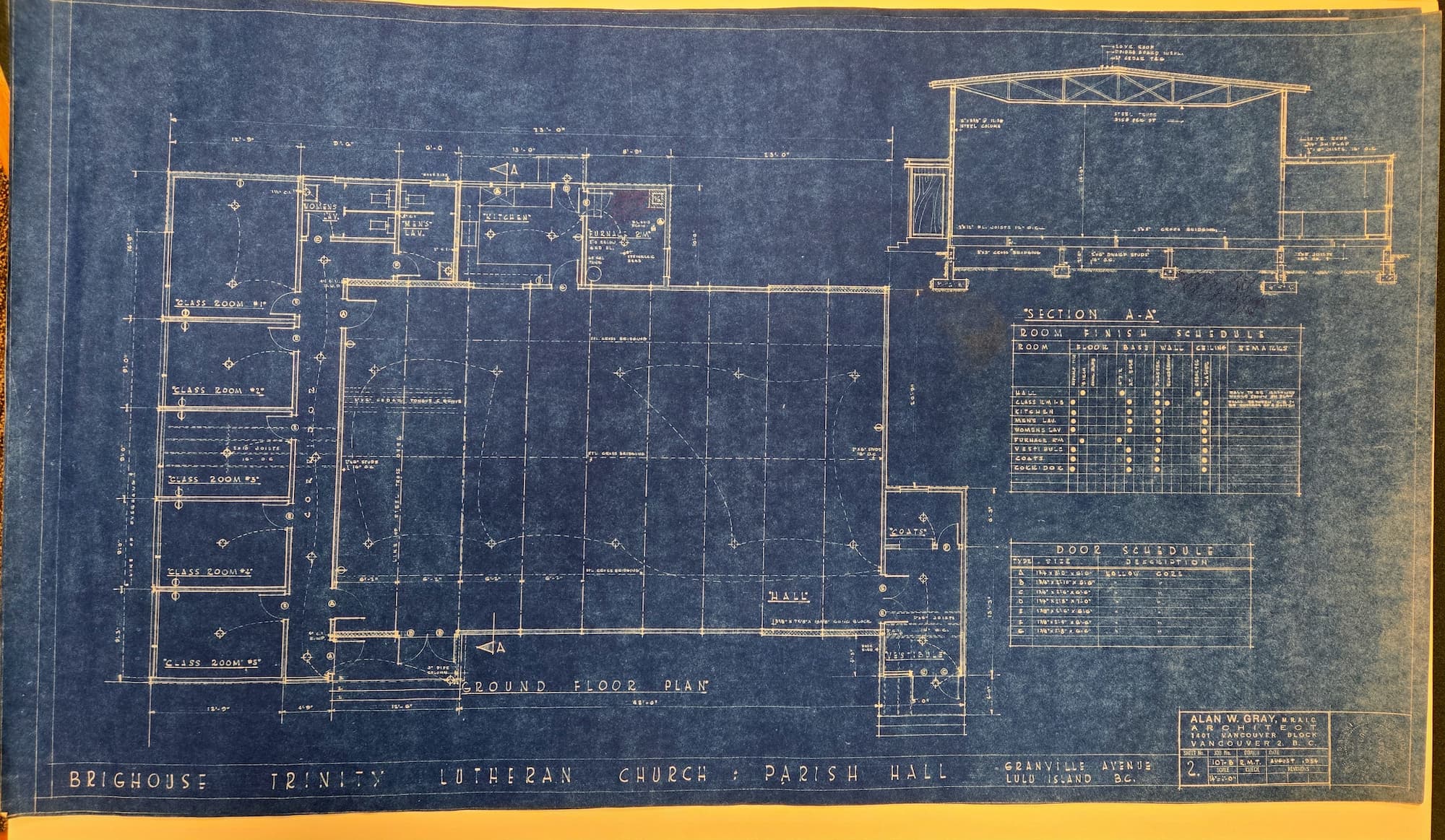 Original 1954 architectural blueprints for the Trinity Lutheran Church parish hall, designed by architect A.W. Gray. Sheet 2.