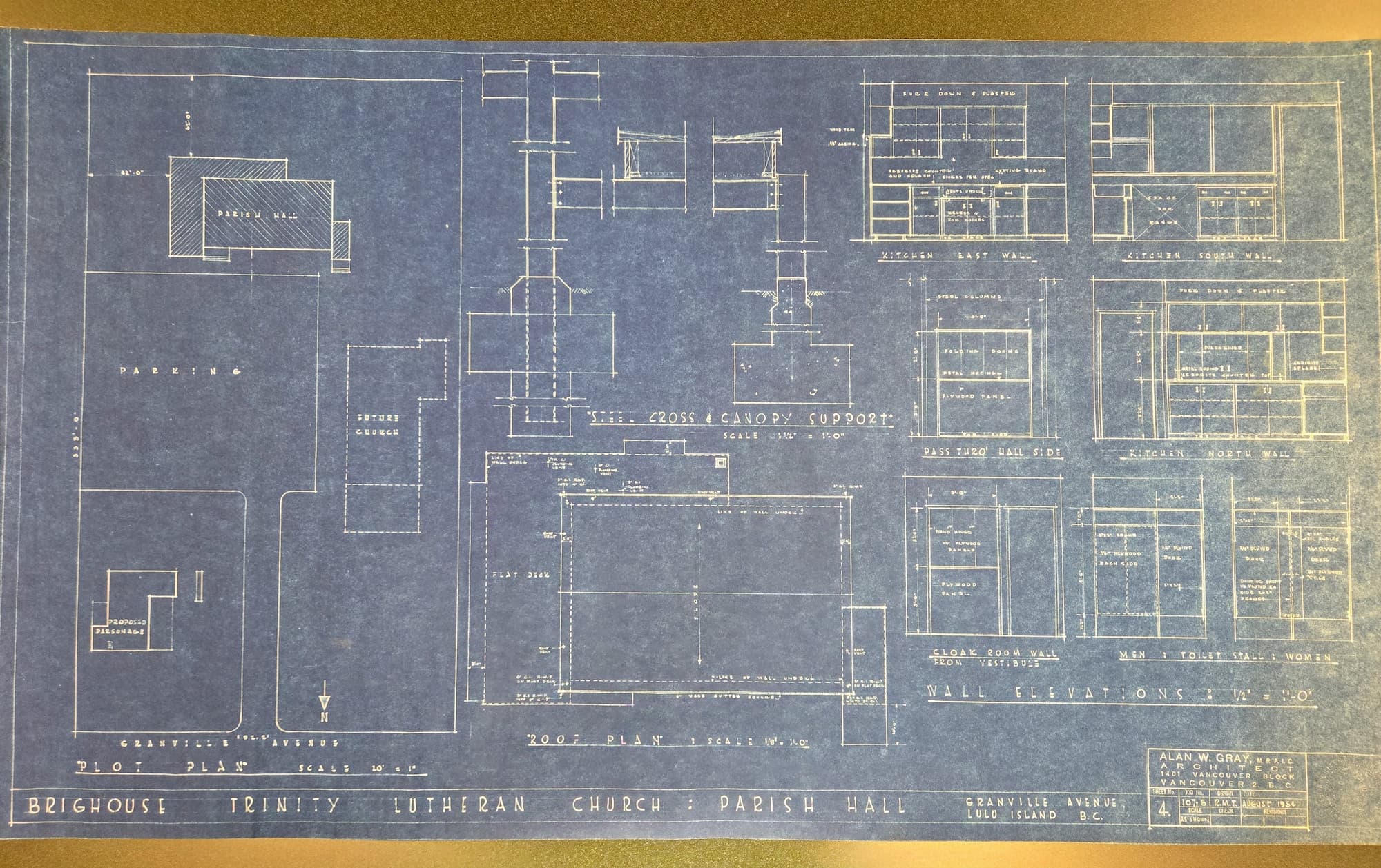 Original 1954 architectural blueprints for the Trinity Lutheran Church parish hall, designed by architect A.W. Gray. Sheet 4.